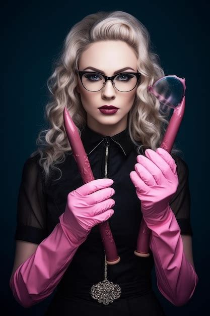 Premium Ai Image A Woman Wearing Glasses And A Pink Glove Holds A