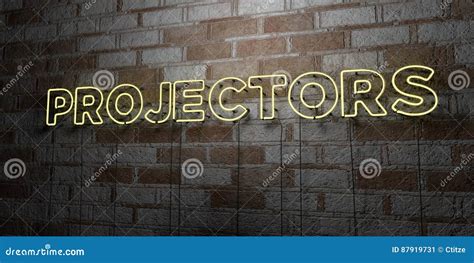 Projectors Glowing Neon Sign On Stonework Wall 3d Rendered Royalty