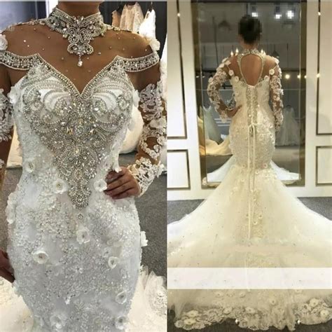 Luxury Mermaid Wedding Dresses High Sheer Neckline Major Beading