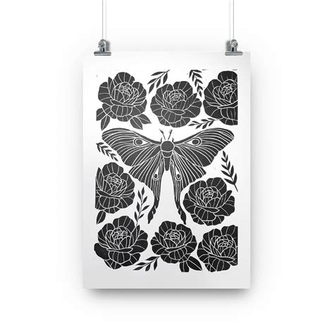 Floral Lunar Moth A4 Lino Print