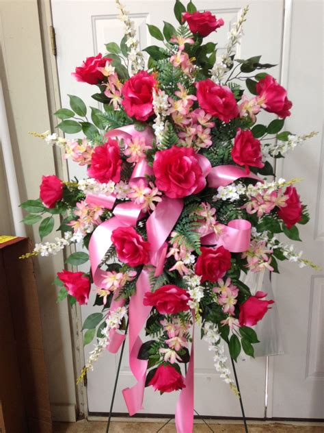 Silk Cemetery Spray Using Hot Pink Roses White Larkspur Mixed Pink