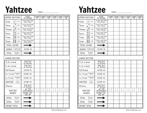 Yahtzee sheets printable