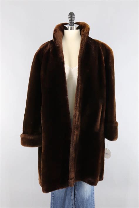 Vintage 1950s Long Brown Mouton Fur Swing Coatn Thisbluebird