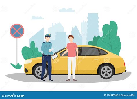 Cartoon Color Character Policeman Writes Ticket Concept Vector Stock