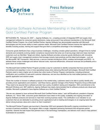 Apprise Software Achieves Gold Certified Partner Status In Microsoft