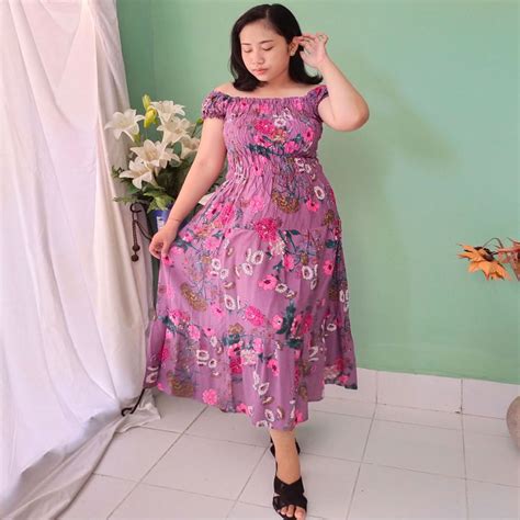 Gaun Panjang Kerut Dada Lengan Sabrina Model Canda Bali Jumbo Grosir Dress Canda Jumbo Bali