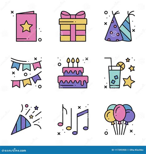 Birthday Celebration Thin Line Icons Set Party Holidays Basic
