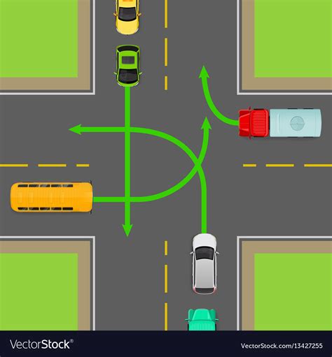 Turn Rules On Four Way Intersection Diagram Vector Image