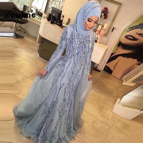 Silver Muslim Evening Dresses 2019 Mermaid Long Sleeves Tulle Crystals Islamic Dubai Saudi