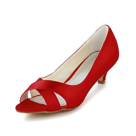 Simple Peep Toe Red Satin Kitten Heels Pumps Bridal Wedding Shoes Wedding Shoes Womens Shoes