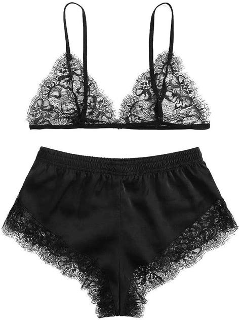 Womens Lingerie 2pc Deep V Ladies Sexy Lingerie Lace Bra Perspective Shorts
