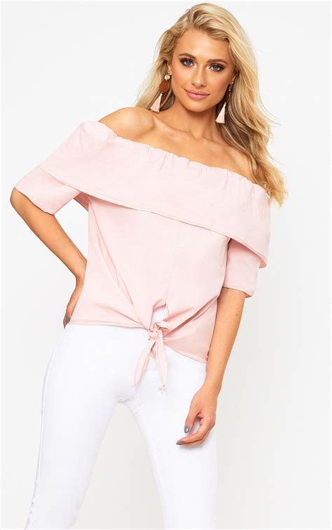 Pink Bardot Shortsleeve Tie Front Shirt Womens Tops Tops Online Tops