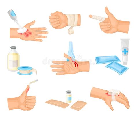 Hands With Injured Skin And Procedures Of Bandaging And Wound Cleaning