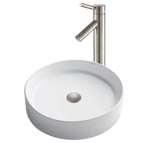 Kraus 18 Inch Round White Porcelain Ceramic Bathroom Vessel Sink And