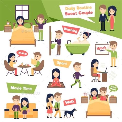 poster with images set of people daily routine presenting ordinary day of sweet couple cartoon