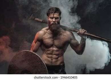 Serious Muscular Viking Beard Naked Torso Stock Photo
