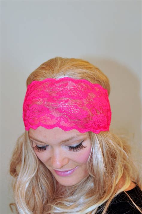 Lace Headband Pink Bright Neon Adult Headband Hot Pink Stretch Etsy