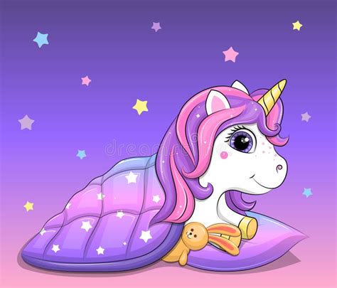 A Cute Cartoon Unicorn With A Pillow And A Blanket Is Going To Sleep