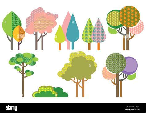 Colorful Decorative Outline Funny Trees With Seamless Pattern Forms
