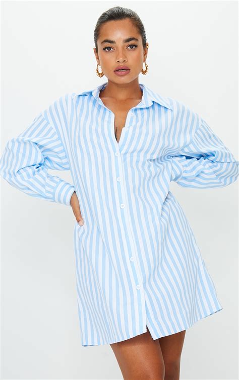 Petite Blue Oversized Stripped Shirt Dress Prettylittlething Aus
