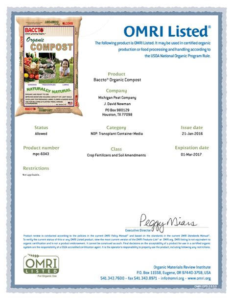 Omri Organic Compost Certificate Baccto