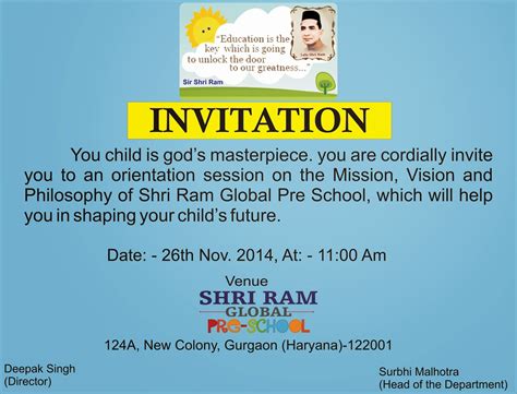 Shri Ram Global School Invitation For Orientation Program On 26th Nov
