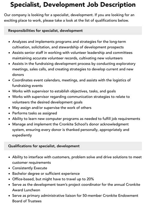 Specialist Development Job Description Velvet Jobs