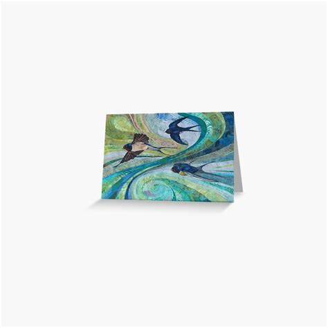 Aerial Acrobats Swallows Embroidery Textile Art Greeting Card For