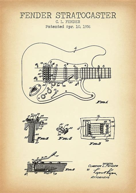 Fender Stratocaster Guitar Invention Poster 1956 Patent Art Handmade