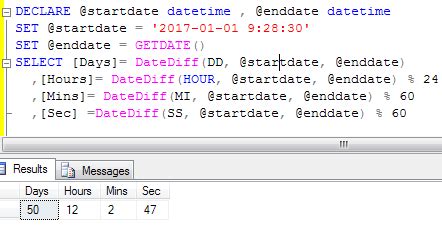 Sql Server Get Difference In Day Hour Minute And Second Between Two Dates Aspmantra Asp