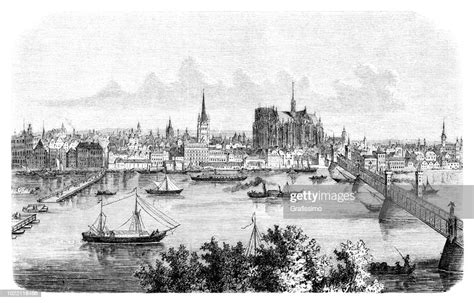 Cologne City In Germany With River Rhine And Unfinished Cathedral 1876