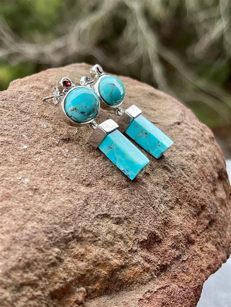 Sterling Silver Turquoise And Garnet Dangle Earrings Etsy