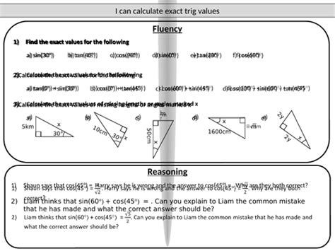 Exact Trig Values Mastery Worksheet By Joybooth Teaching Resources
