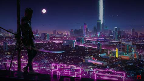 Wallpaper Cyber Neon City Technology Futuristic Digital