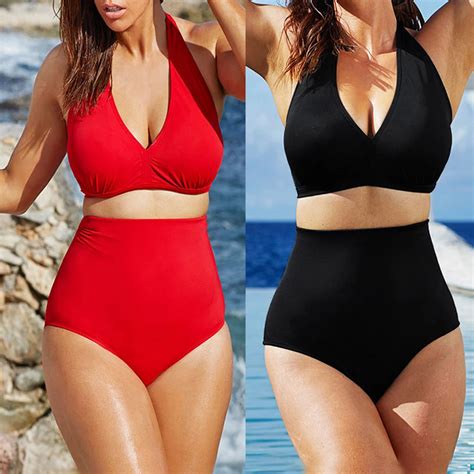 Plus Size Solid Women Swimsuit Push Up Big Cup Size Padded High Waist Bikini Set Swimming