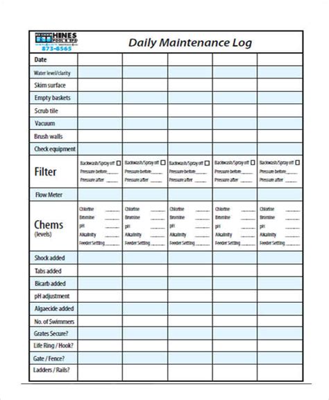 printable pool maintenance schedule template printable templates