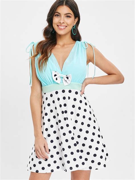 Drawstring Shoulder Bowknot Polka Dot V Neck Dress V Neck Dress