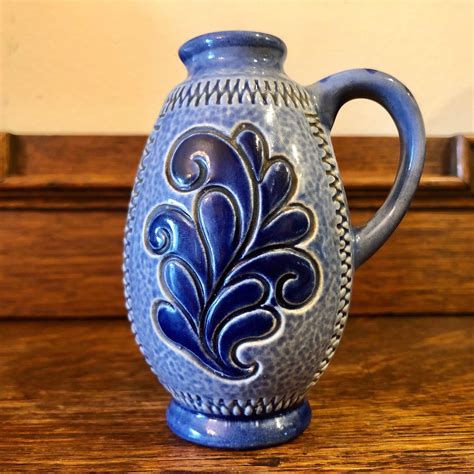 Marzi And Remy Small Jug Vase Cobalt Blue Floral Salt Glaze Etsy