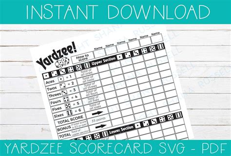 Yardzee Score Card Multi Player Dice Game Score Sheet
