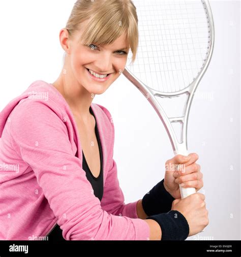 Tennis Player Woman Young Smiling Serve Racket Stock Photo Alamy