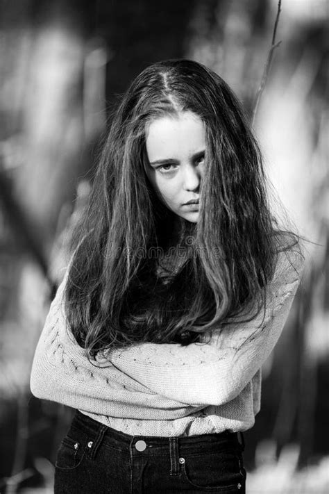 Portrait Of A Teen Girl Outdoor Black And White Photo Stock Image