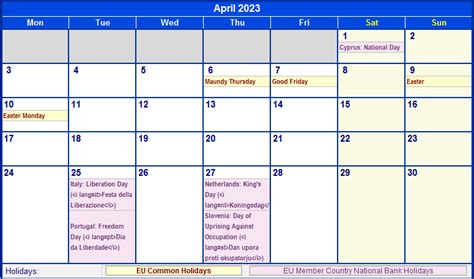 April 2023 Eu Calendar With Holidays For Printing Image Format