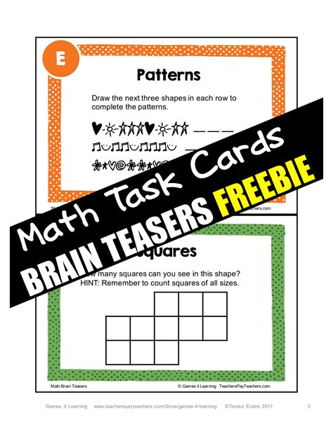 Freebie Printable Math Problems And Math Brain Teaser Task Cards From