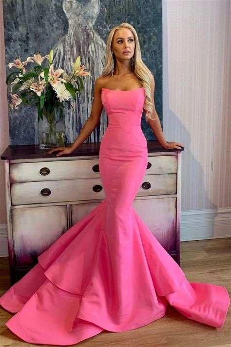 Strapless Mermaid Hot Pink Long Prom Dress Cheap Formal Dresses Prom Dresses Long Pink Hot
