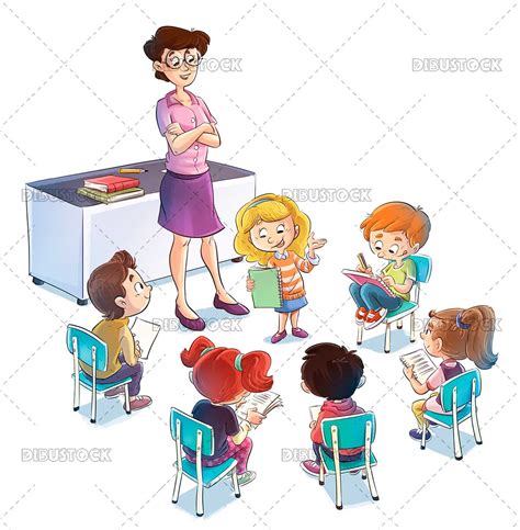 Children With Teacher Giving Class At School Illustrations From