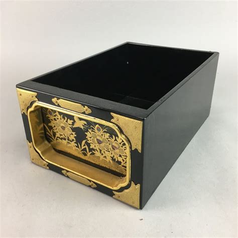 Vtg Japanese Wooden Lacquered Box Gold Makie Black Flower Bird Lw