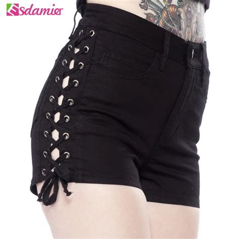 Black White Fashion Side Lace Up Shorts Women High Waist Denim Shorts Hip Lift Bandage Short