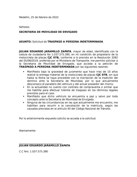 Carta Ind Formato Traspaso A Persona Indeterminada Medellín 25 De