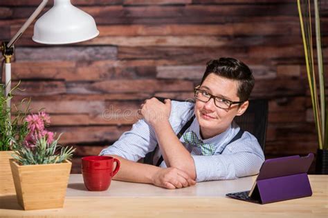 Easygoing Lesbian Working At Desk Stock Image Image Of European Relax 55811433