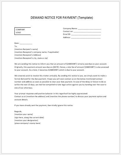 Payment Demand Notice Template Ms Word Formal Word Templates